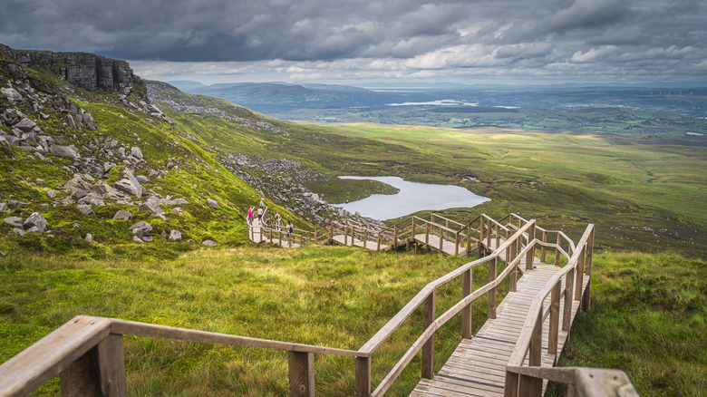 View of the lakes, bogs and rock formations seen from the top of the Cuilcagh Boardwalk Trail