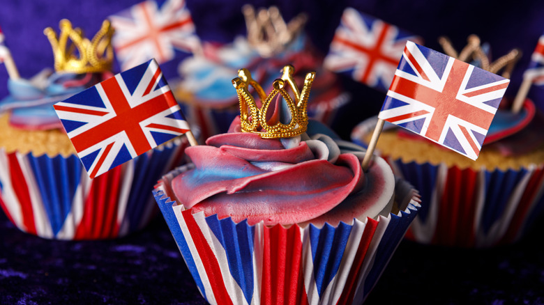 British royalty-themed cupcakes with crown ornaments on top