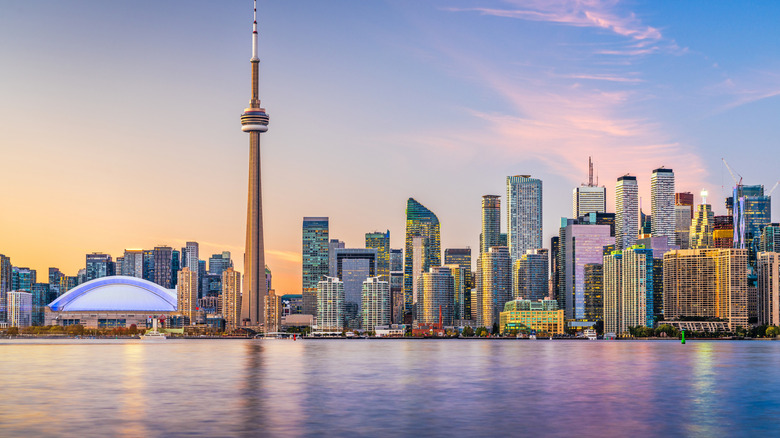 Toronto, Ontario, Canada cityscape on Lake Ontario at dusk