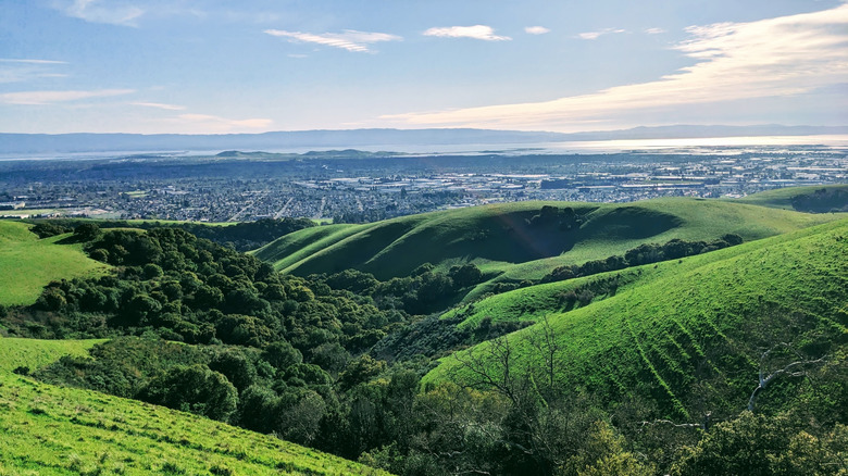 Panoramic view of lush green rolling hills overlooking Union City and San Francisco Bay at Dry Creek Pioneer Regional Park in Union City, California