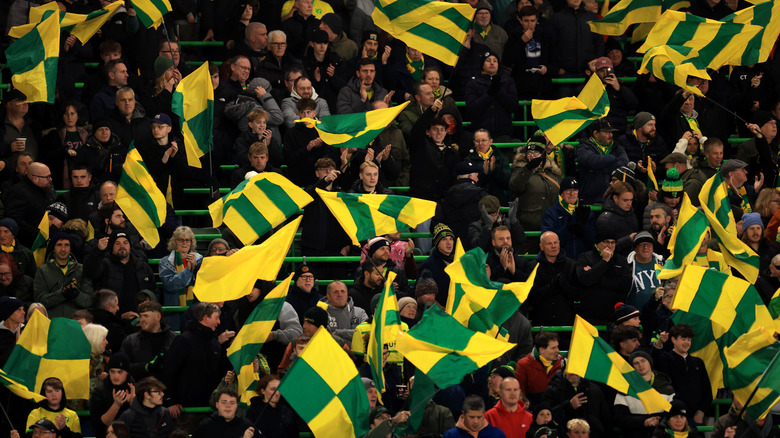 Norwich football fans in the stadium displaying yellow and green flags