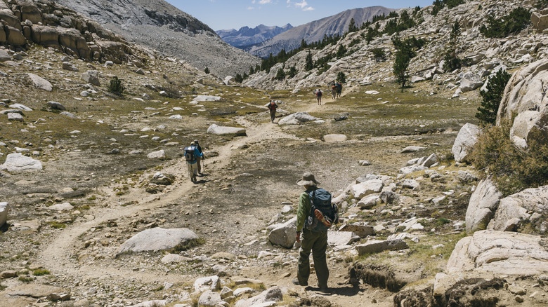 Hikers walk the John Muir Trail below Mt. Whitney near Guitar Lake in the Sierra Nevada Mountains