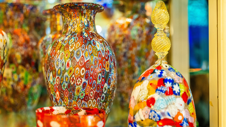 Close-up view of Murano glass souvenir display in Venice, Italy
