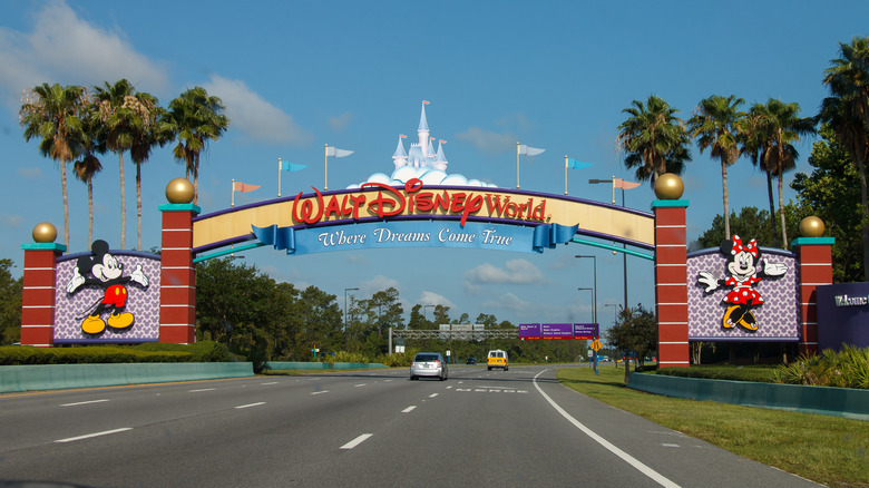 View of the famous Welcome to Walt Disney World arch in Orlando, Florida,
