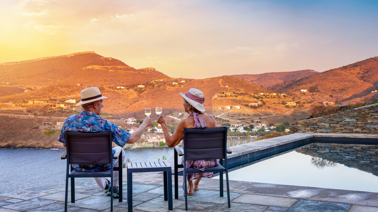 Elderly couple in hats clinking their glasses against a view
