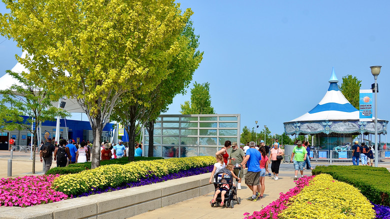 People walking on the Detroit International Riverwalk