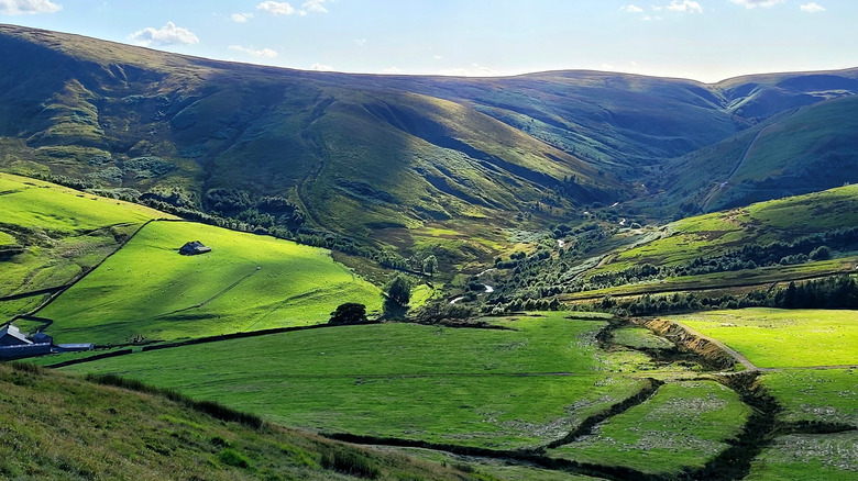 The green fields and rolling hills of the Upper Brennand valley in the forest of Bowland, Lancashire, U.K.