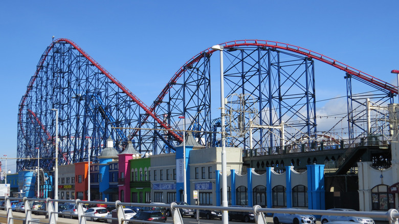Pleasure beach roller coaster viewed from Blackpool's promenade.
