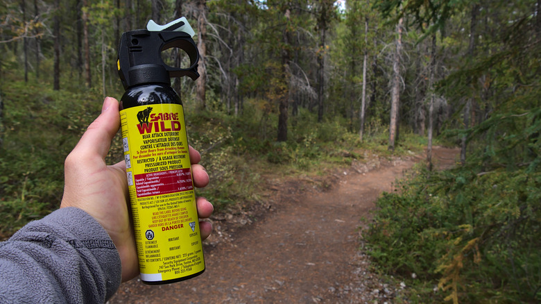 A person holds a can of bear spray in front of a hiking trail