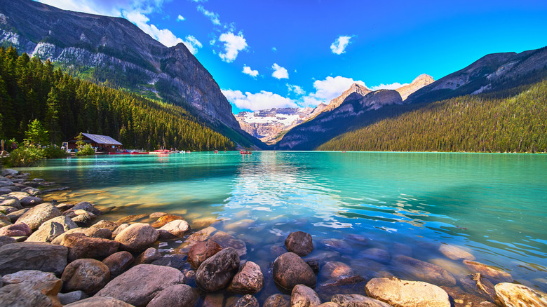 The shore of the turquoise Lake Louise in Banff National Park