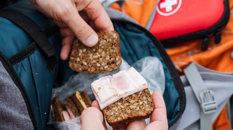 Multigrain bread and tiny sandwiches with a first aid kit at camp