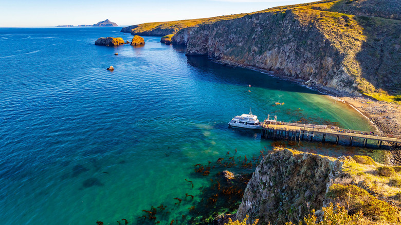 Cruise boat docked at Scorpion Anchorage on Santa Cruz Island at Channel Islands National Park in California