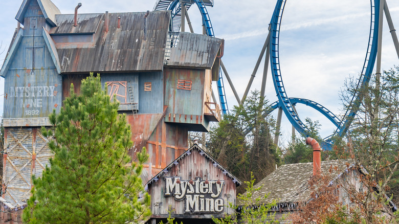 View of the Mystery Mine roller coaster at Dollywood theme park in Pigeon Forge, Tennessee