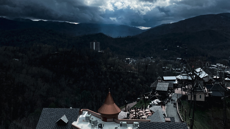 View of storm clouds over Dollywood theme park in Pigeon Forge, Tennessee