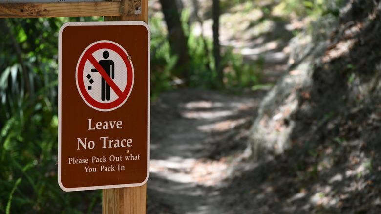 A 'Leave No Trace' sign on a hiking trail