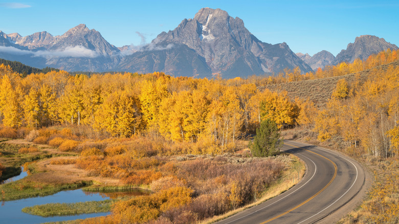 U.S. Highway 191, John D. Rockefeller Jr. Memorial Parkway, along Oxbow Bend of the Snake River in fall color, Grand Teton National Park