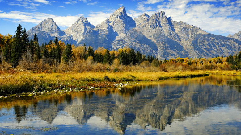 Grand Teton mountain range in Grand Teton National Park, Wyoming, in autumn