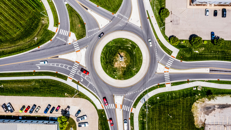 Aerial view of roundabout traffic circle, Indiana