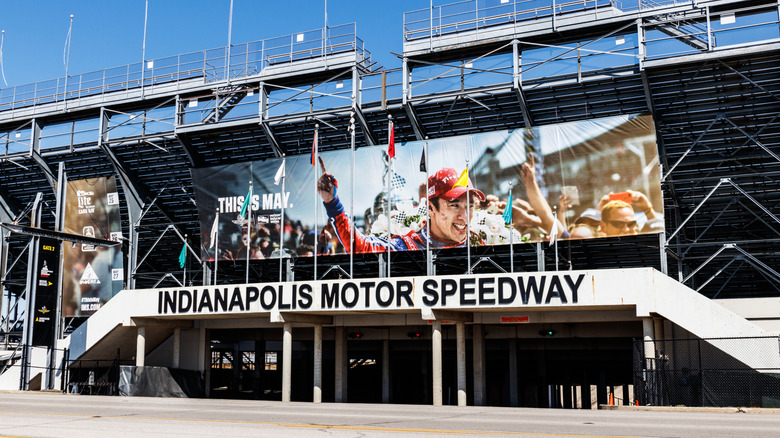 Gate Two Entrance at Indianapolis Motor Speedway with "This Is May" banner before the 102nd Running of the Indy 500 I