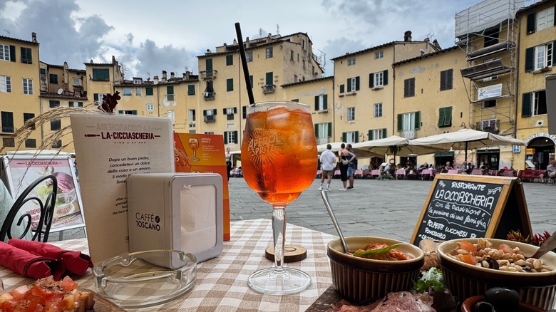Aperitivo with an Aerol spritz in Lucca, Tuscany