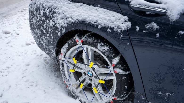 Tire chains on a car