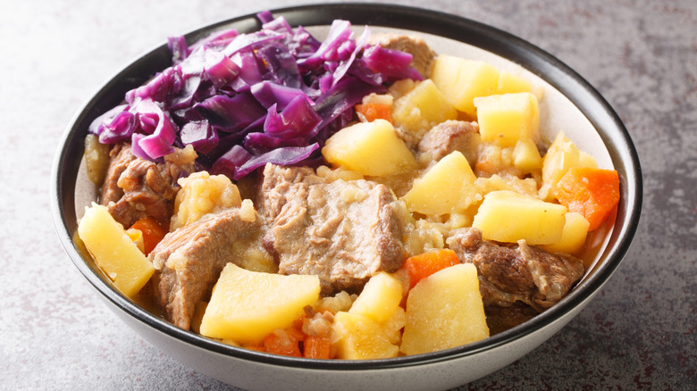 Scouse is a stew with meat and vegetables served with pickled cabbage