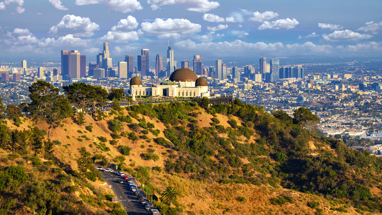 Griffith Observatory and LA skyline aerial view