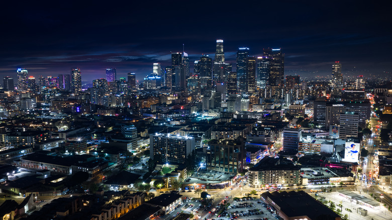 Aerial view of downtown Los Angeles at night