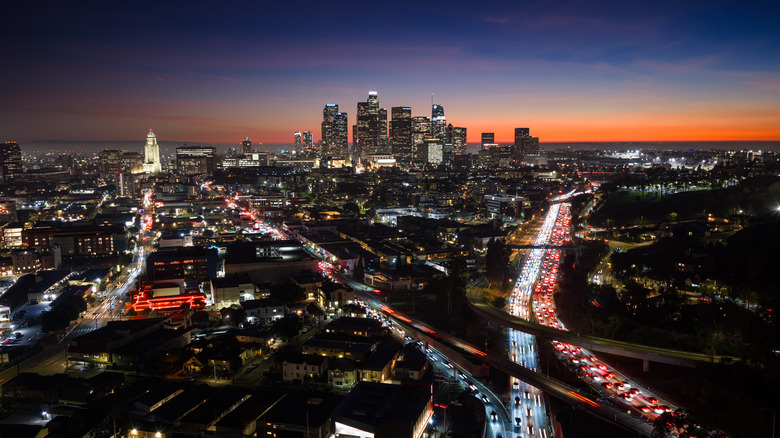 Aerial view of downtown Los Angeles at night