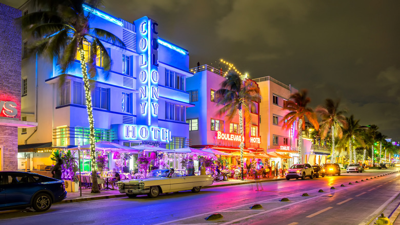 The famous Ocean Drive at night