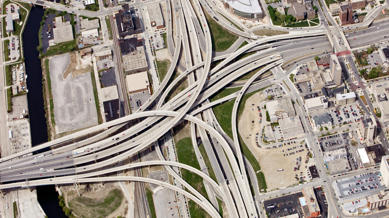 Aerial view of a large interstate highway interchange in the downtown area of Milwaukee, Wisconsin