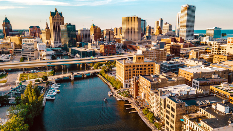An aerial view of the downtown Milwaukee skyline and the Milwaukee River