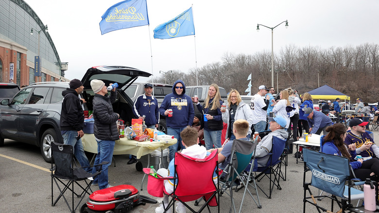 A general view of American Family Field as fans tailgate prior to a Milwaukee Brewers game