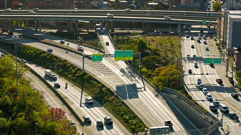 Aerial shot of Interstate roads in Pittsburgh, Pennsylvania