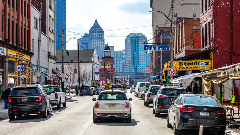 City traffic in the Strip District near downtown Pittsburgh, Pennsylvania
