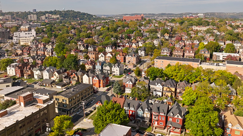 Aerial shot of Friendship, a neighborhood in the East End of Pittsburgh, Pennsylvania, on a sunny morning