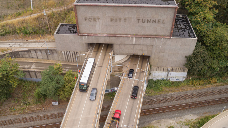 An aerial view of Fort Pitt Bridge and Tunnel in Pittsburgh, Pennsylvania