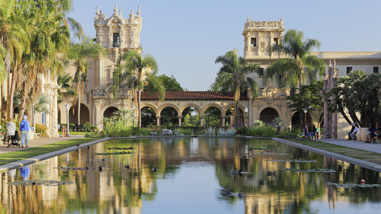 Balboa Park building and water on a sunny day