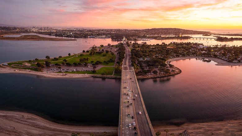 Aerial view of Mission Bay at sunset