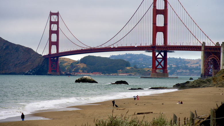 People on Baker Beach in San Francisco with a view of the Golden Gate Bridge