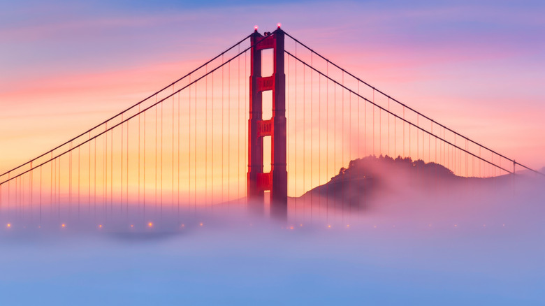 The Golden Gate Bridge in San Francisco amid morning fog