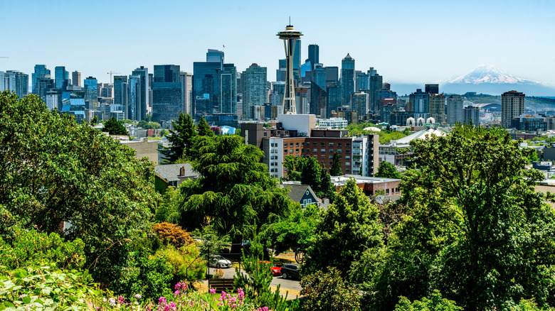 Seattle skyline visible behind trees in Kerry Park in Washington