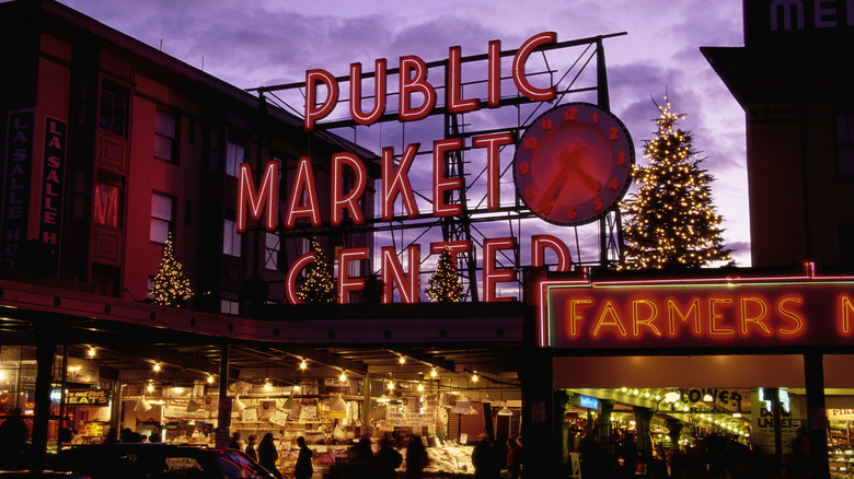 Exterior of Pike Place Market at night in Seattle, Washington