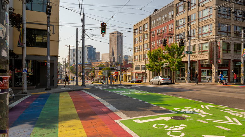 Rainbow sidewalk and buildings in the Capitol Hill neighborhood of Seattle, Washington