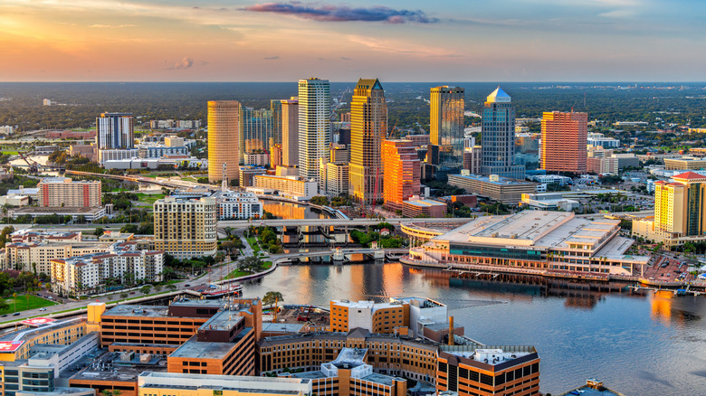 Sunset view of Downtown Tampa buildings and waterfront