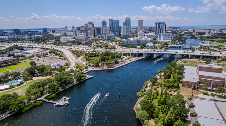 Aerial view of Tampa buildings and water