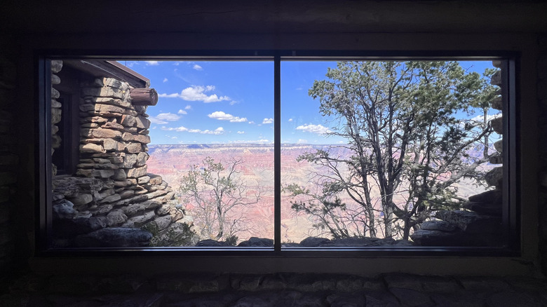 View of the Grand Canyon through windows inside Yavapai Geology Museum at the South Rim