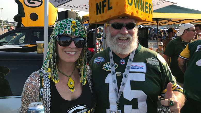 Packer fans during at tailgate party at Lambeau Field