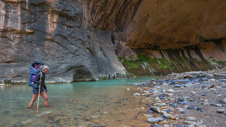 A person hikes in The Narrows in Zion National Park