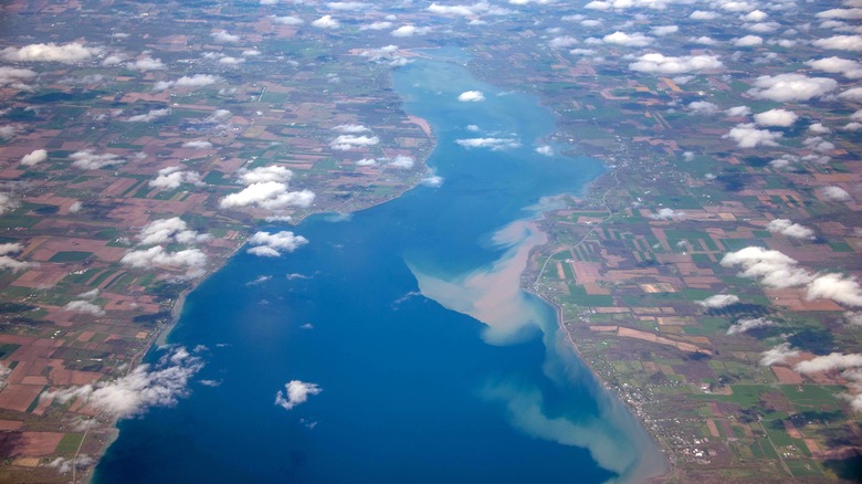 Aerial view of clouds above Cayuga Lake